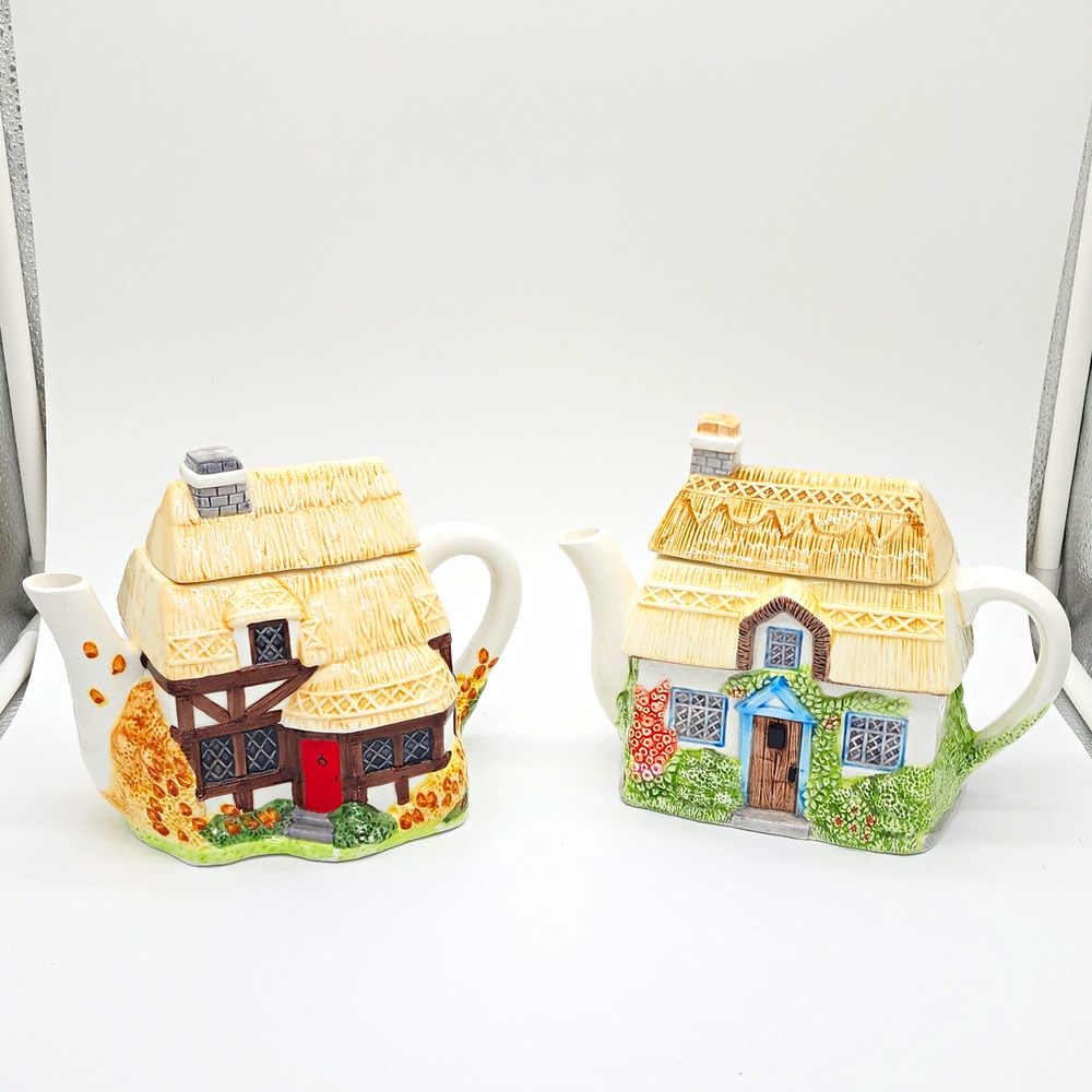 Annie Rowe Village Teapot Collection Summer & Autumn Thatched Cottages Set of 2
